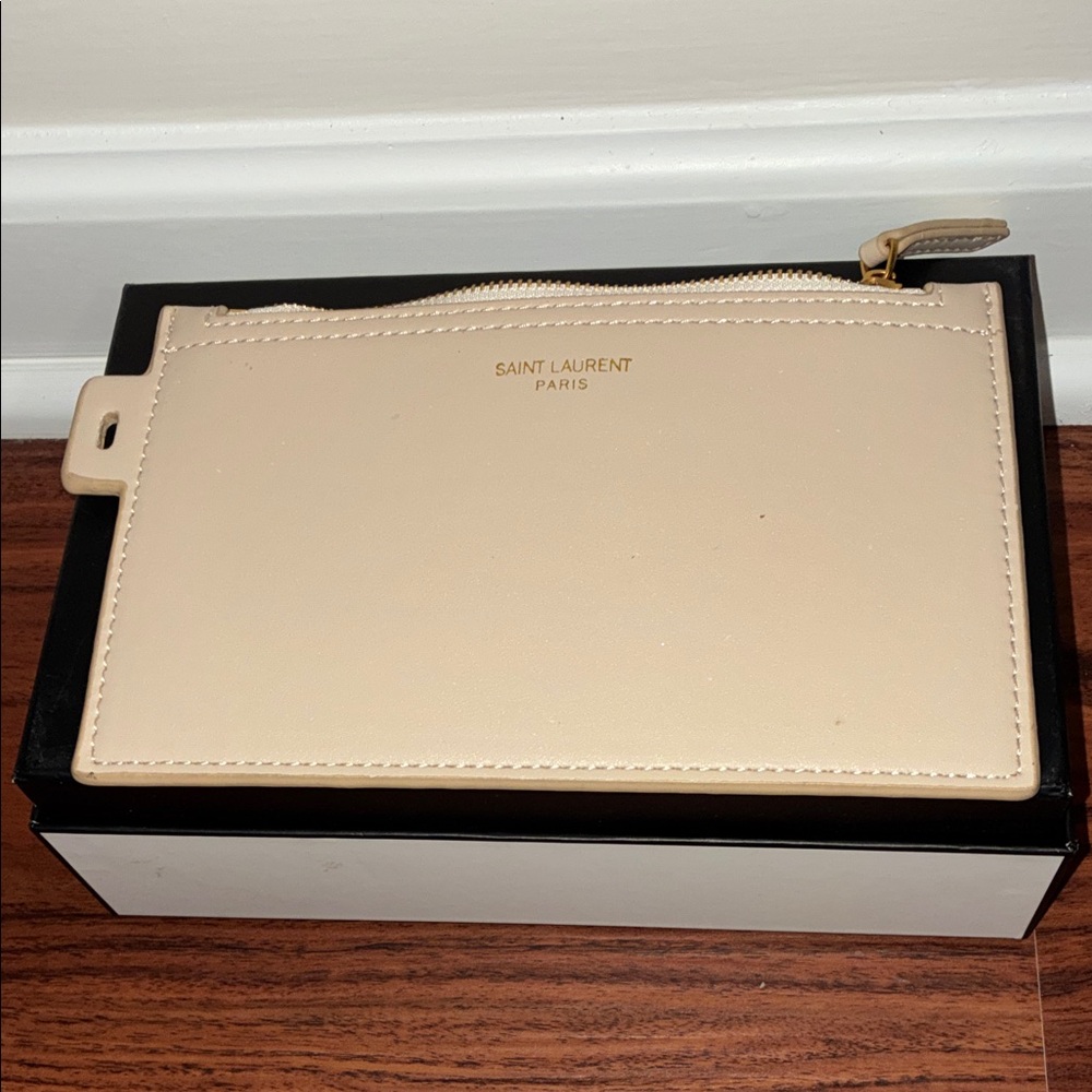 Saint Laurent Cream Leather Zip Card Case